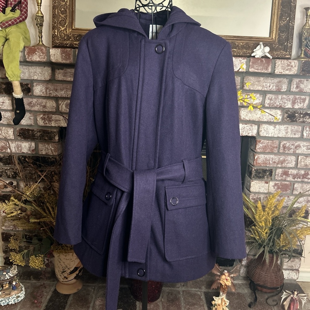 Croft & Borrow Purple Wool Hooded Pea Coat Belted Jacket  Sz M
